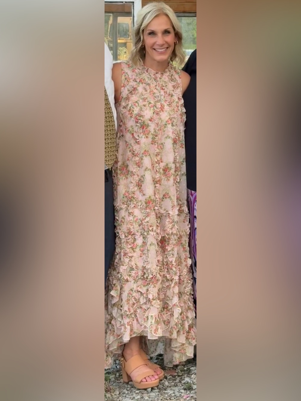 Sleeveless Pink Floral Ruffle Maxi Dress - Picture 9 of 9